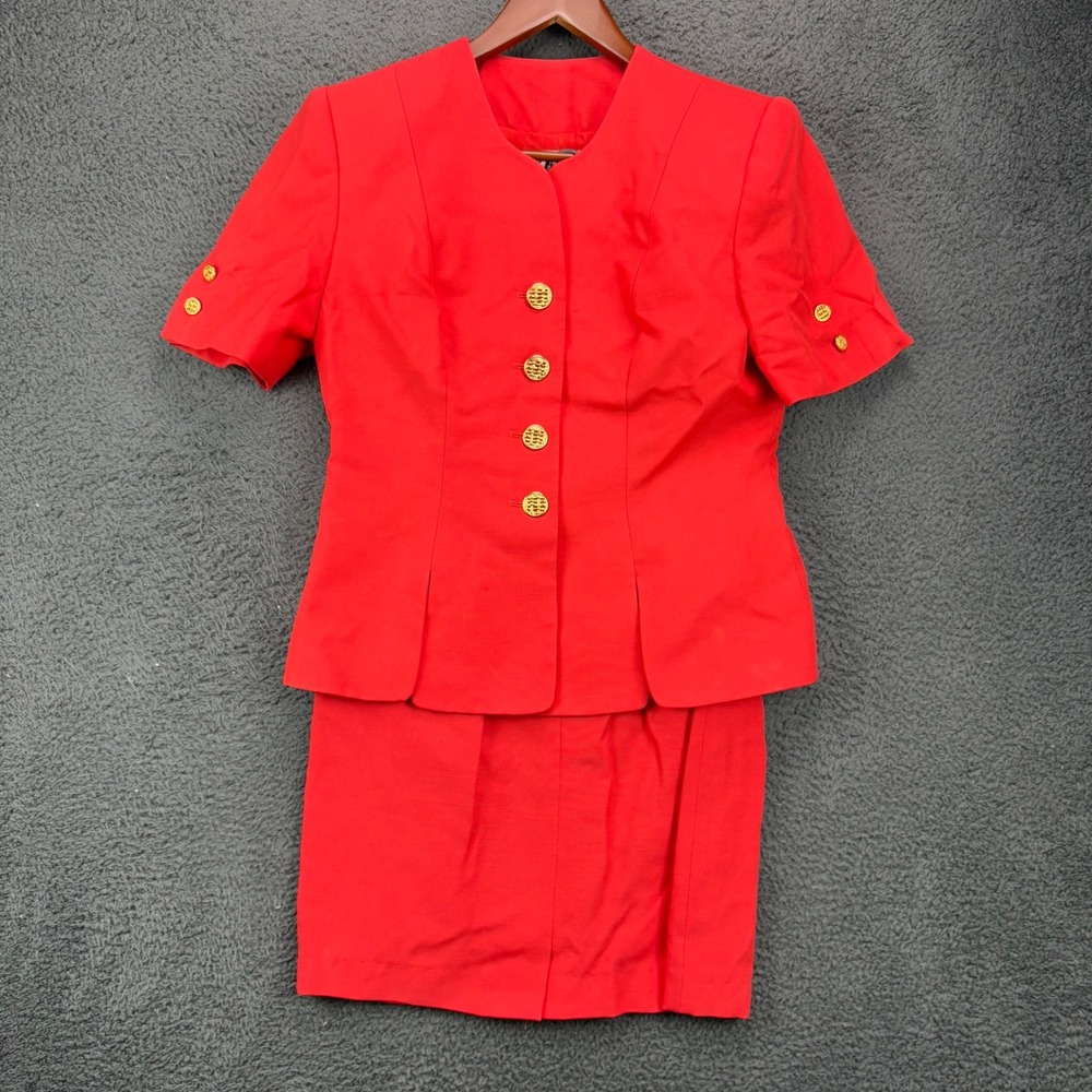 Vintage Kasper ASL Petite Red Skirt Suit Set Gold‎ Crest Buttons Vintage Size 8P